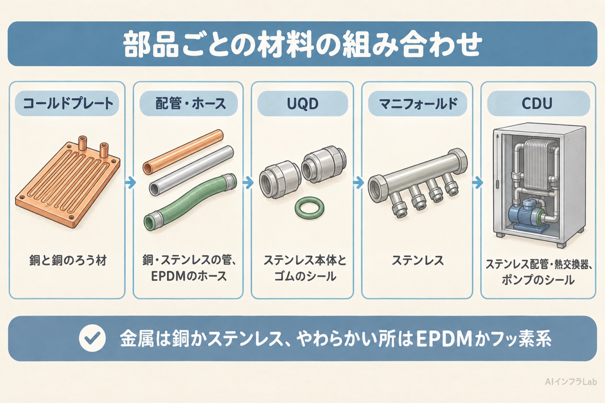 液冷の部品ごとの材料。コールドプレートは銅、配管とホースは銅・ステンレス・EPDM、UQDはステンレスとシール、マニフォールドとCDUはステンレス
