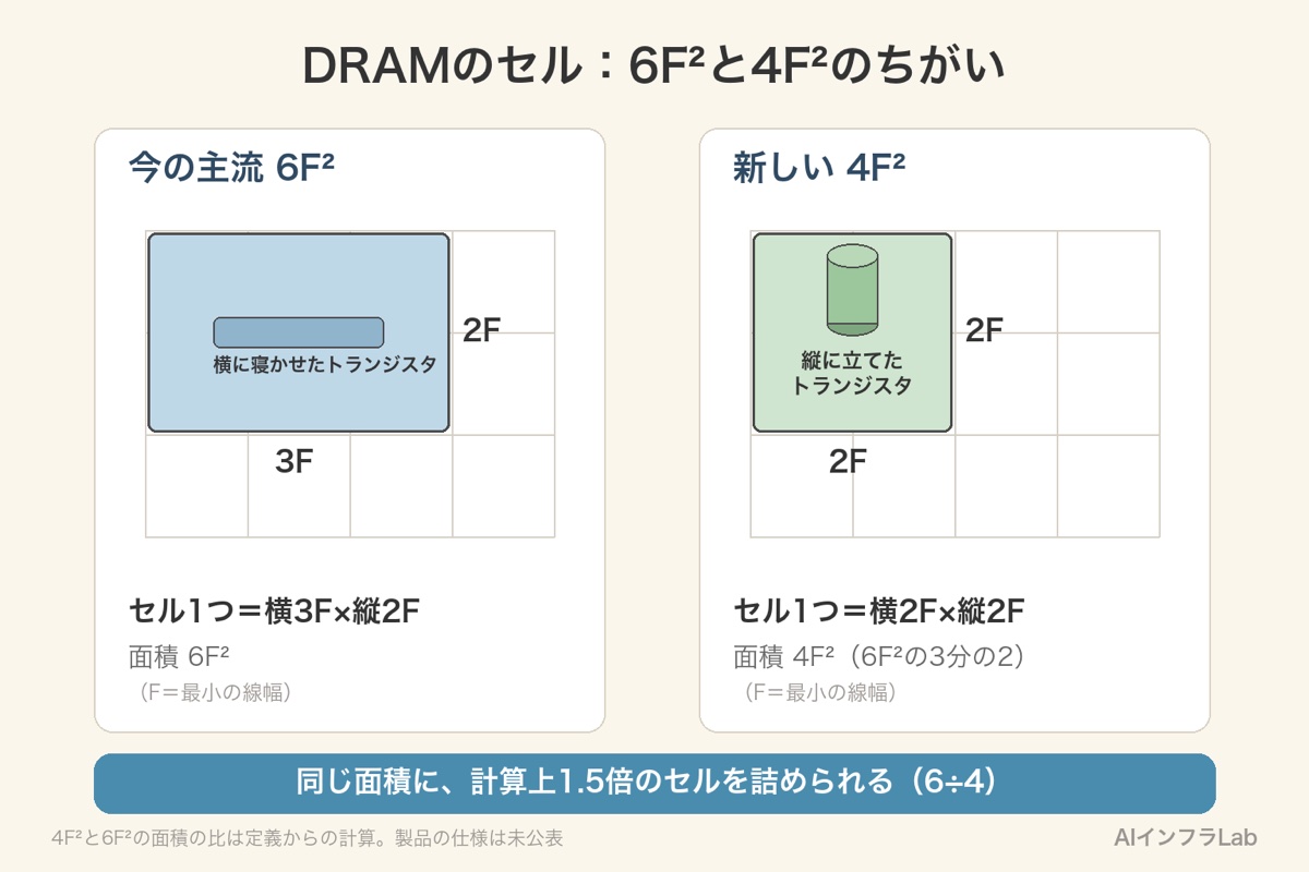 DRAMのセルの比較。今の主流の6F²は横3F×縦2Fでトランジスタを横に寝かせ、4F²は横2F×縦2Fでトランジスタを縦に立てる。面積は3分の2で、同じ面積に計算上1.5倍のセルを詰められる