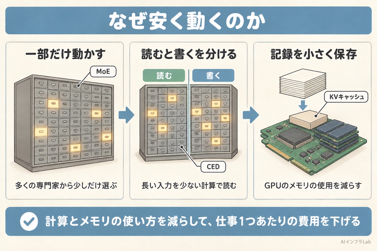 DeepSeekの新モデルが安く動く仕組みの図。MoEで一部の専門家だけを動かし、CEDで読み込みと書き出しを分け、KVキャッシュを小さく保存する